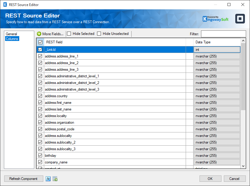 SSIS Square REST Source - Columns